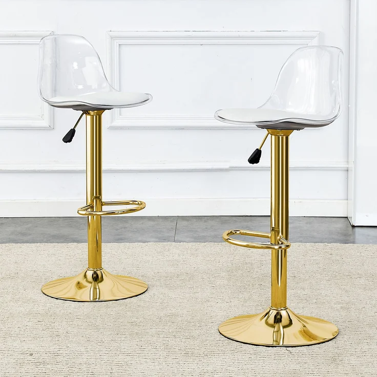2er-Set Barhocker, höhenverstellbar H 104 x T 40.5 x B 40.5 cm, transparente Rückenlehne, goldfarbenes Metallgestell – Bild 2