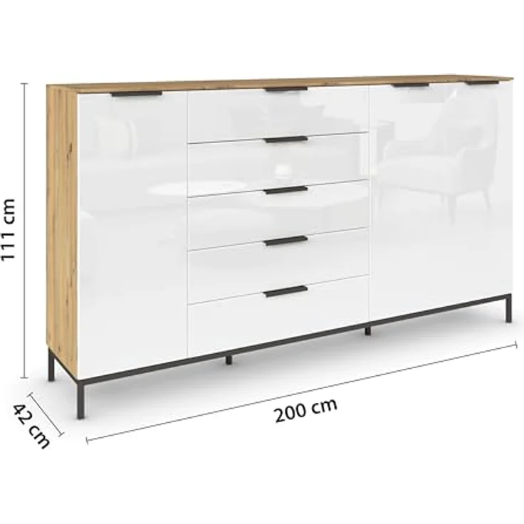 Rauch Möbel Flipp, Kommode mit Stauraum für Wohnzimmer, Schlafzimmer, 4 Fachböden, mit Metallkufe graphit, Eiche Artisan/Glasfront Weiß, 3-türig, Glastüren, 5 Schubkästen, Griffe graphit, 199 x 111 x 42 cm – Bild 4