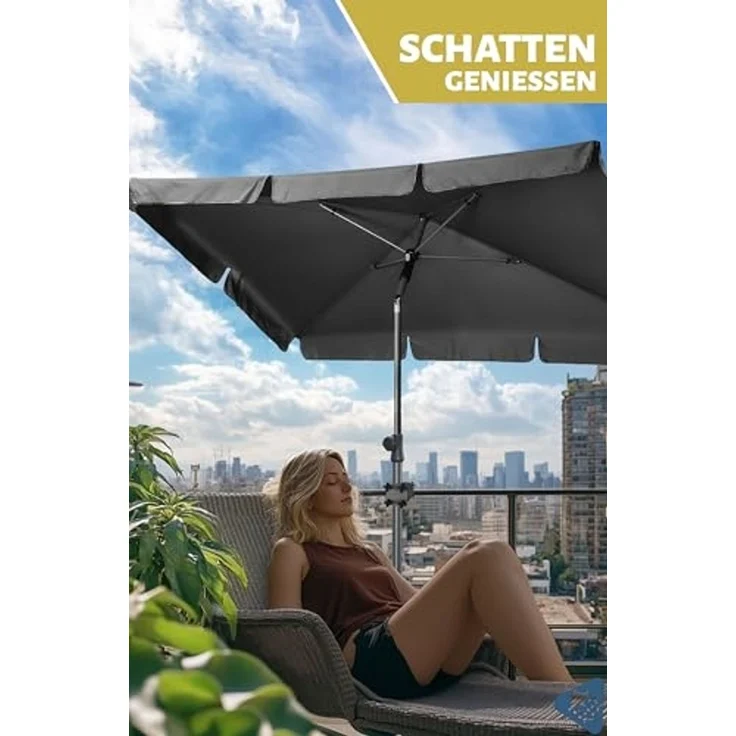 Menz Sonnenschirm Balkon - 3-IN-1 Sonnenschutz Balkon SET in Anthrazit, UPF 50+ Sonnenschirm rechteckig 200x125 cm + stabiler Sonnenschirmhalter Balkongeländer + Sonnenschirmhülle – Bild 3