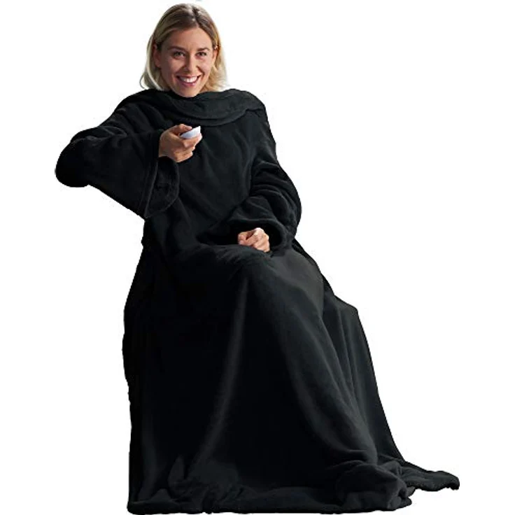 CelinaTex TV-Decke mit Ärmeln und Fußtasche Flauschige Kuscheldecke 150x180 cm schwarz Mikrofaser Fleece Soft Oeko-TEX – Bild 2