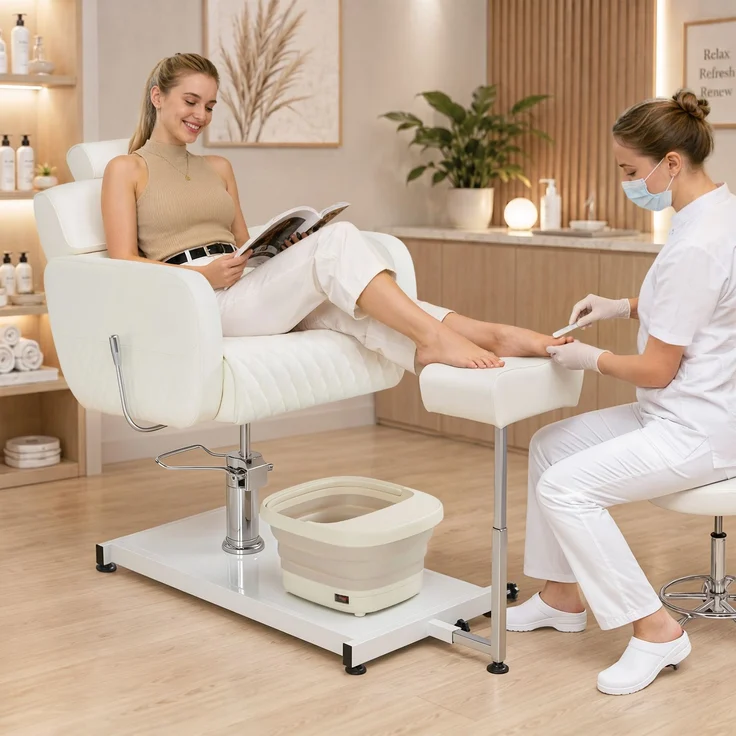 BarberPub Pediküre Stuhl mit Fußbadewanne & Pediküre Hocker, Friseurstuhl Höhenverstellbar & Kippbar, Rückenlehne & Kopfstütze Ausziehbar, Fußpflegestuhl für Nagelstudio F0380 (Weiß) – Bild 3