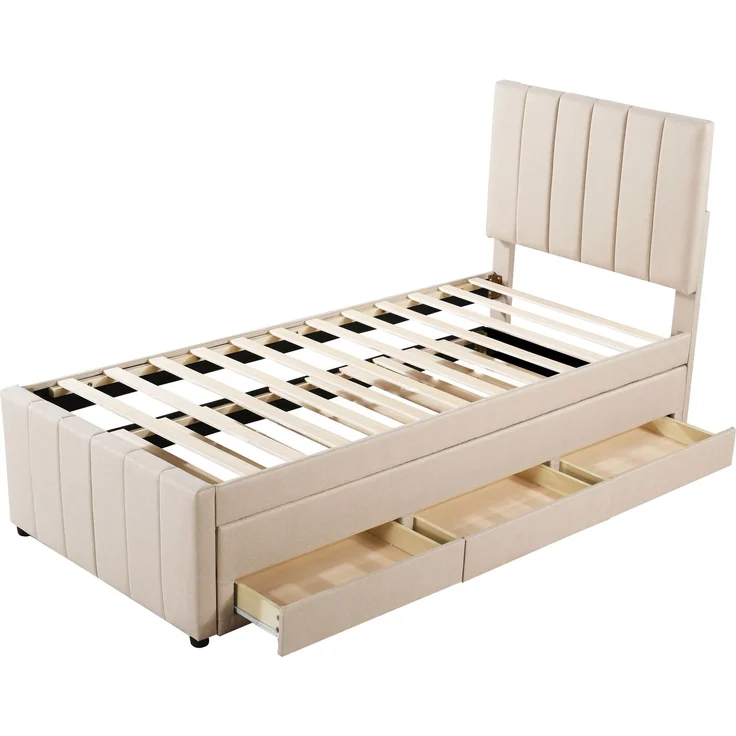 Polsterbett 90x200 cm mit Rollbett und Stauraumschubladen, hautfreundliche Leinenpolsterung, flaches Einzelbett, Kinderbett, Jugendbett, Gästebett (Beige) – Bild 7