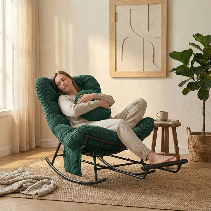 LVHOM Schaukelstuhl mit ausziehbarer Fußstütze, Rattanstuhl mit Stahlrahmen, Schaukelsessel mit gepolstertem Kissen und Seitentasche, Lounge Sessel, 1 St, Dunkelgrün – Bild 2