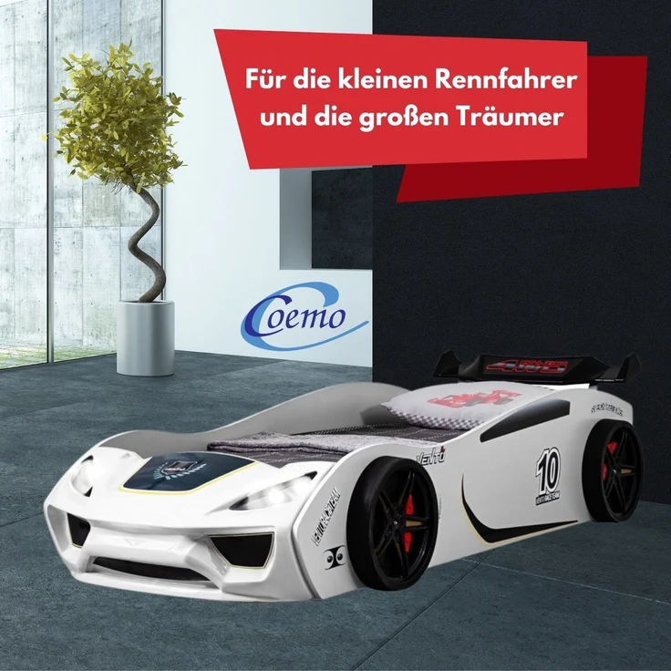 Autobett VENTO Kinderbett 90x200 cm Rennwagen-Bett inkl Lattenrost, Spoiler, LED-Licht, Farbe Weiß – Bild 5