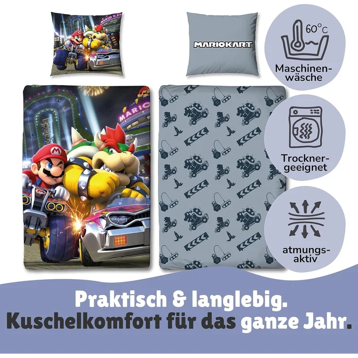Nintendo Super Mario Kart Bettwäsche für Jungen Kinderbettwäsche 135x200 80x80 cm aus 100% Baumwolle Motiv Bump mit Bowser – Bild 6