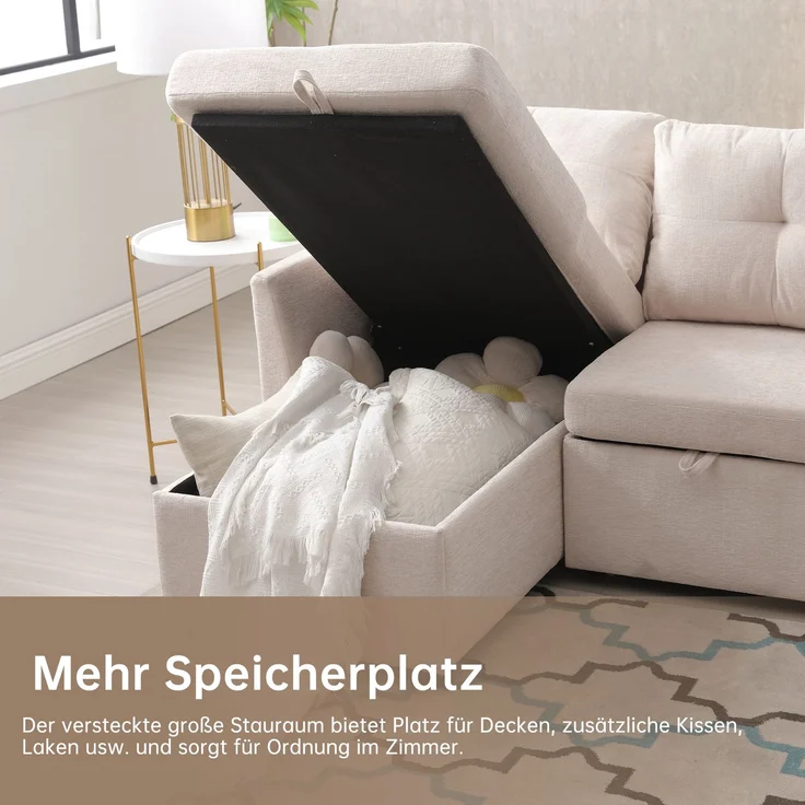 Multifunktionales L-förmiges Schlafsofa mit verstecktem Stauraum, 3 große Kissen, 2 kleine Kissen, seitliche Ablagefächer,Beige – Bild 8