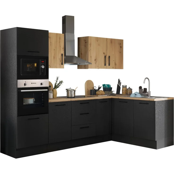 Turin LBM Eckküche 270 x 211 x 60 cm, schwarz - Ohne Küchengeräte - Moderne, geräumige Küche in Artisan-Eiche Optik mit viel Stauraum