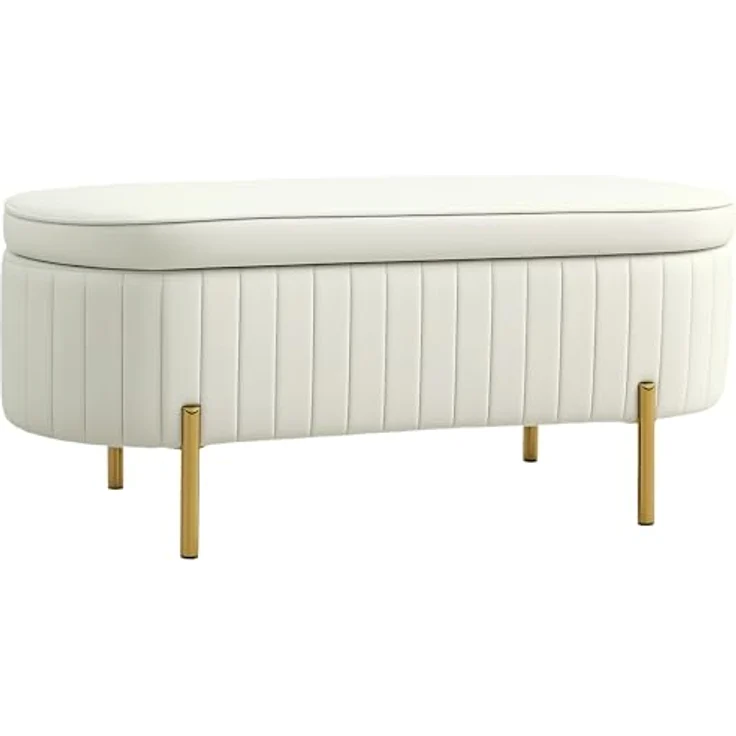 HOMCOM Sitzbank mit Klappdeckel und Stauraum (Sitztruhe, 1-St, Stoffbezug), Holz, Metall, Cremeweiß+Golden – Bild 2
