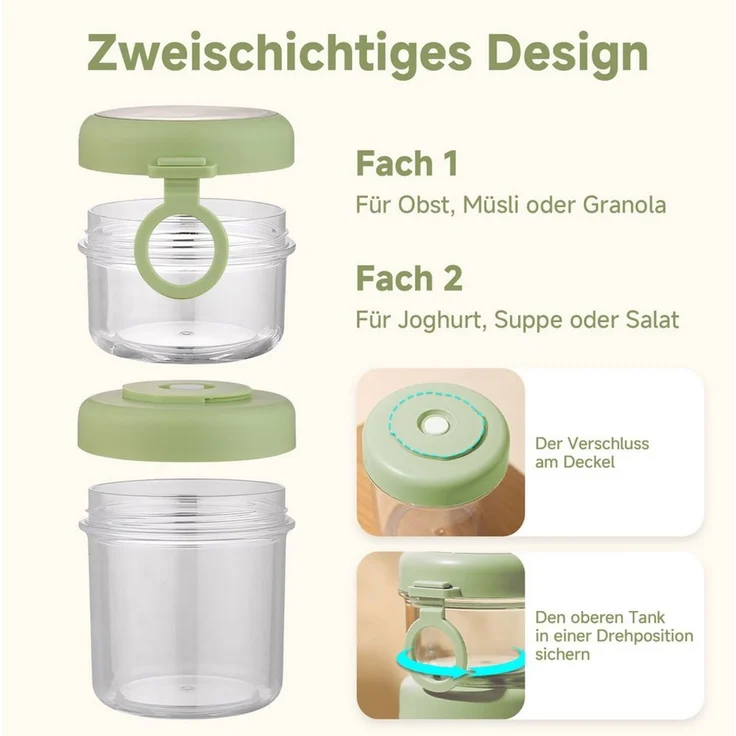 Elegear Müslibox Müslibecher to Go, Joghurtbecher, Doppelschicht Müslibecher mit Löffel, Polypropylen, (1-tlg, 1 × Löffel, 1 × Müslibecher(530+330ml), Lunchtopf für Müsli, Mikrowellen- und Spülmaschinenfest, Grün – Bild 2