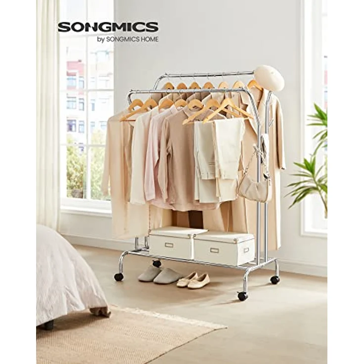 SONGMICS Kleiderständer auf Rollen, 2 Kleiderstangen, Garderobenstange, Garderobenständer aus Stahlrohren, bis 100 kg belastbar, 103,5 cm breit, multifunktionale Aufbewahrung, silbern HSR107E01 – Bild 3