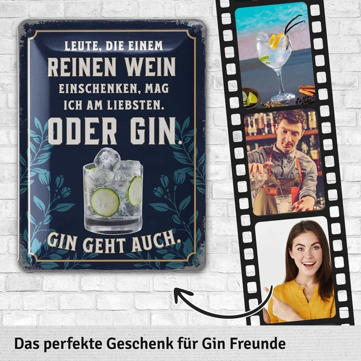 LANOLU Blechschild Reinen Wein oder Gin - 15x20cm – Metall – Blau – 15141 – Bild 3