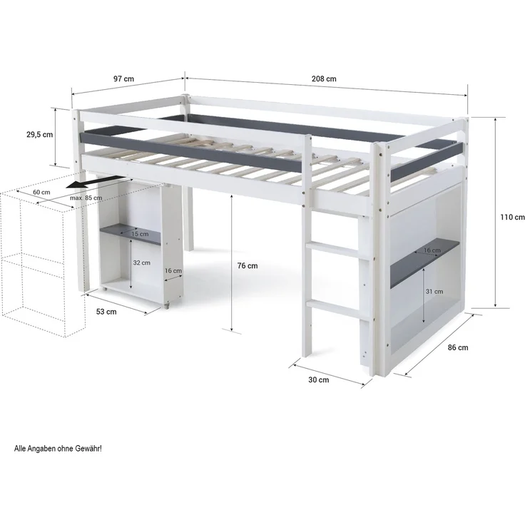Homestyle4u Funktions-Halbhochbett mit Schreibtisch, Kiefernholz weiß, 90x200 cm – Bild 4