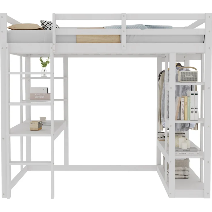 Hochbett 140x200 cm mit Schreibtisch und Stauraum,Kinder- & Jugendbett aus Massivholz,Leiter & Regale,Weiß – Bild 5
