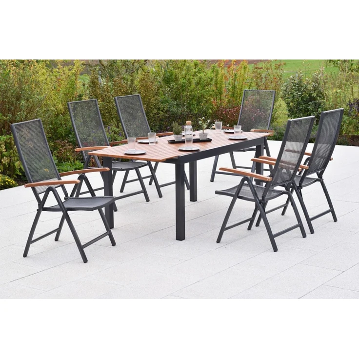Thasos Gartenmöbel Set 7tlg, 6 Klappsessel, Ausziehtisch 150 (200 ) x 90 cm, Aluminium – Bild 1