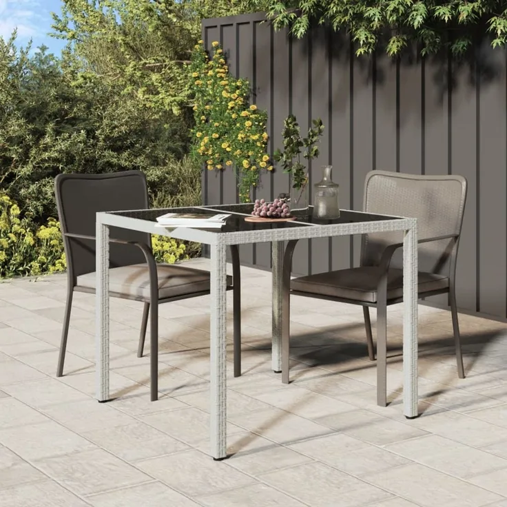 vidaXL Gartentisch 90x90x75 cm Gehärtetes Glas Poly Rattan Weiß 316702