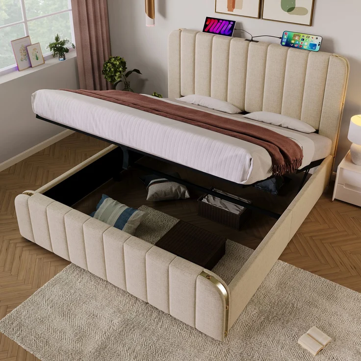 Polsterbett 140x200 cm Beige mit Kopfteil,USB Typ-C Ladeanschluss & hydraulischem Stauraum,Metallrahmen mit goldenen Akzenten – Bild 6