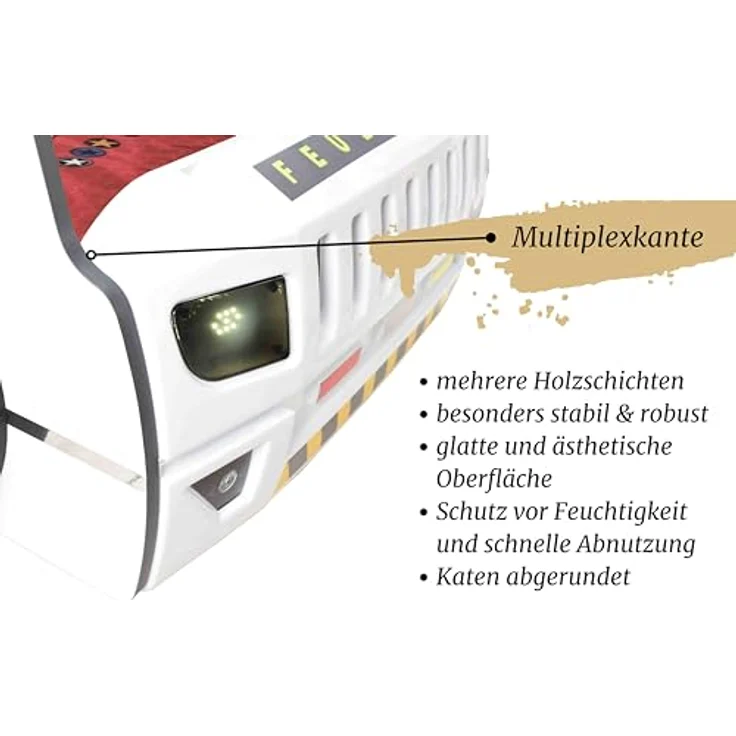 Autobett Kinderbett 90x200 Feuerwehrbett "Rio Firetruck" Hochglanz mit LED Leuchte Weiß – Bild 5