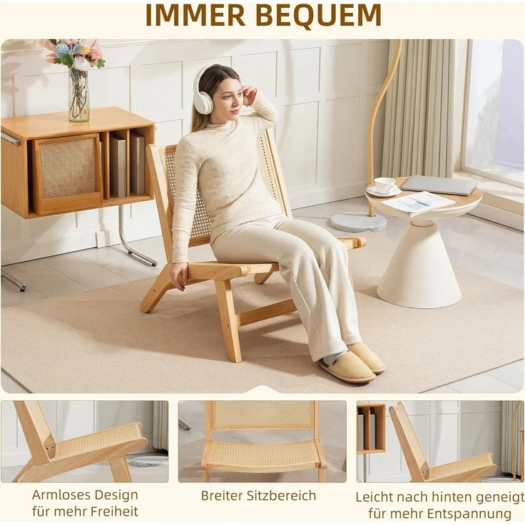 HOMCOM Relaxsessel Rattan-Akzentsessel (Sessel mit Gummibaumholzrahmen, 1-St, für Schlafzimmer und Wohnzimmer), 70 x 64 x 74 cm Naturholz-Finish – Bild 6