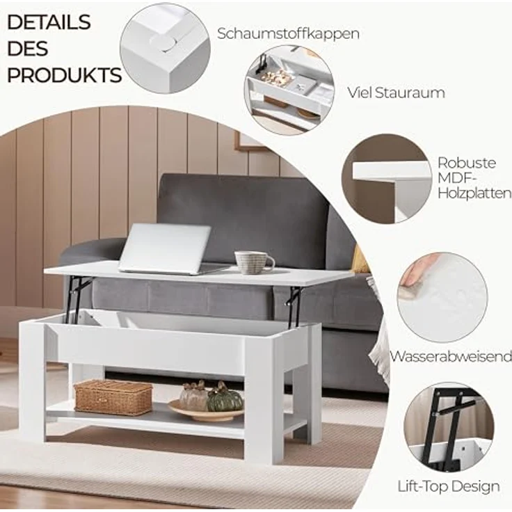 Yaheetech Couchtisch mit Höhenverstellbarer Platte Kaffeetisch ausziehbarer Wohnzimmertisch Sofatisch für Wohnzimmer, Büro, weiß – Bild 7