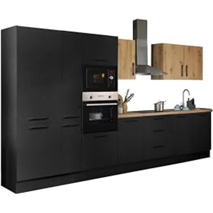 Stella Trading Turin ZBM Küchenzeile 360 x 211 x 60 cm, schwarz - Ohne Küchengeräte - Moderne, geräumige Küche in Artisan-Eiche Optik mit viel Stauraum