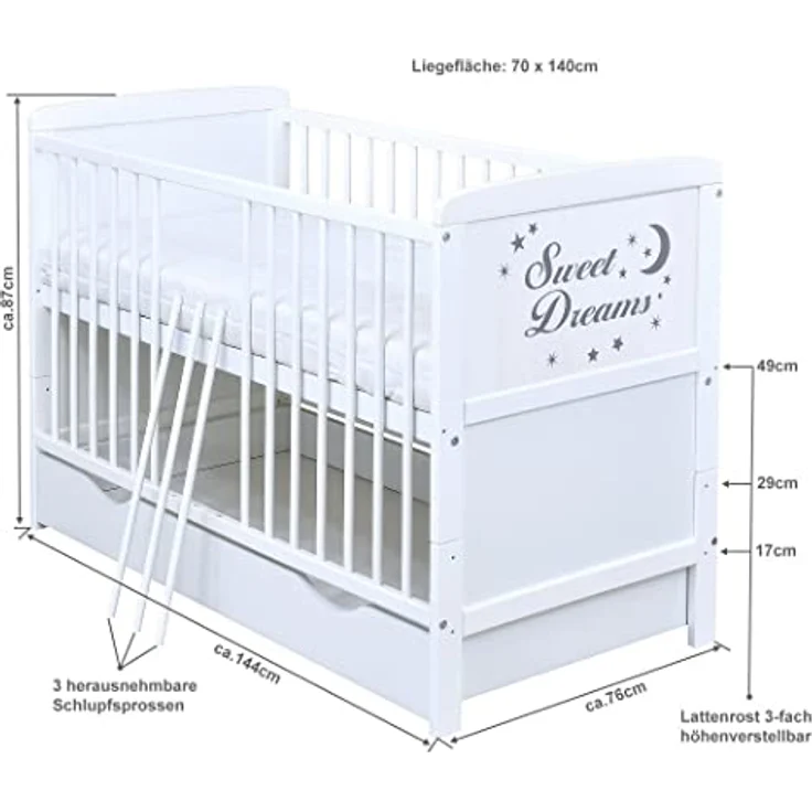 Baby-Delux Babybett Sweet Dreams Bettkasten, Kinderbett Gitterbett 140x70 weiß mit Beißschienen Schublade, Matratze – Bild 6