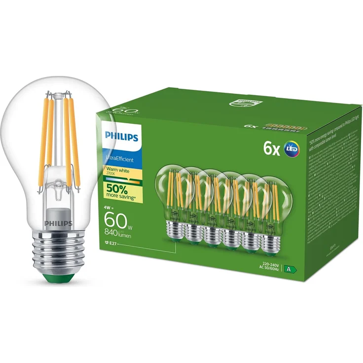Philips Ultra Efficient LED Bulb, Energieeffizienzklasse A, mit E27 Sockel, 60 W, klar, warmweiß 2700 K, 6er Pack, Weiß