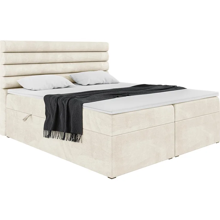 MEBLINI Boxspringbett KARIM 160x200 cm mit Bettkasten - H3/Creme Samt Polsterbett - Doppelbett mit Topper & Taschenfederkern-Matratze