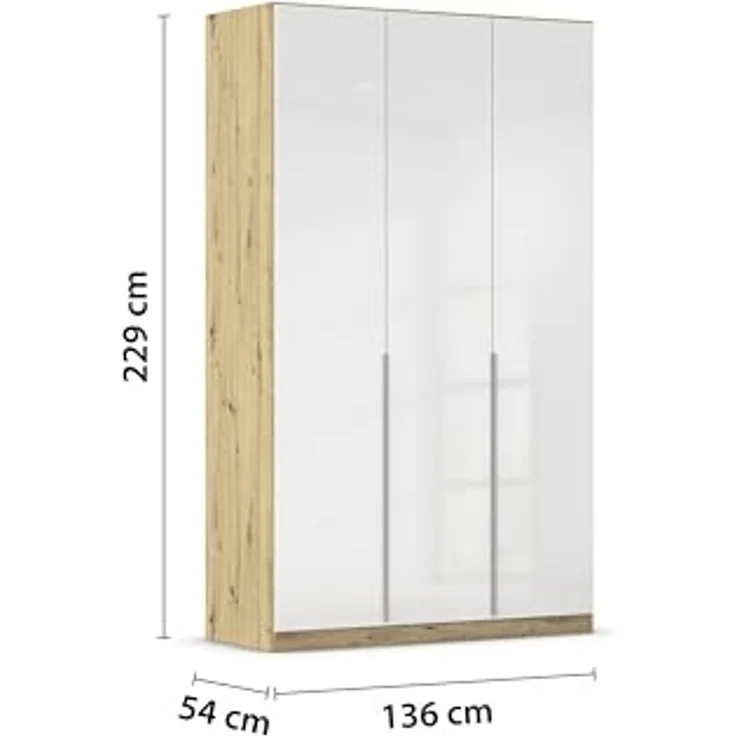 Rauch Möbel Alabama, Kleiderschrank für Schlafzimmer, Kinderzimmer, Wohnzimmer, Garderobe, Flur, 3-türig, mit Zubehör Basic, Farbe Weiß Hochglanz/Eiche Artisan, Holz, Breite 136 cm – Bild 3