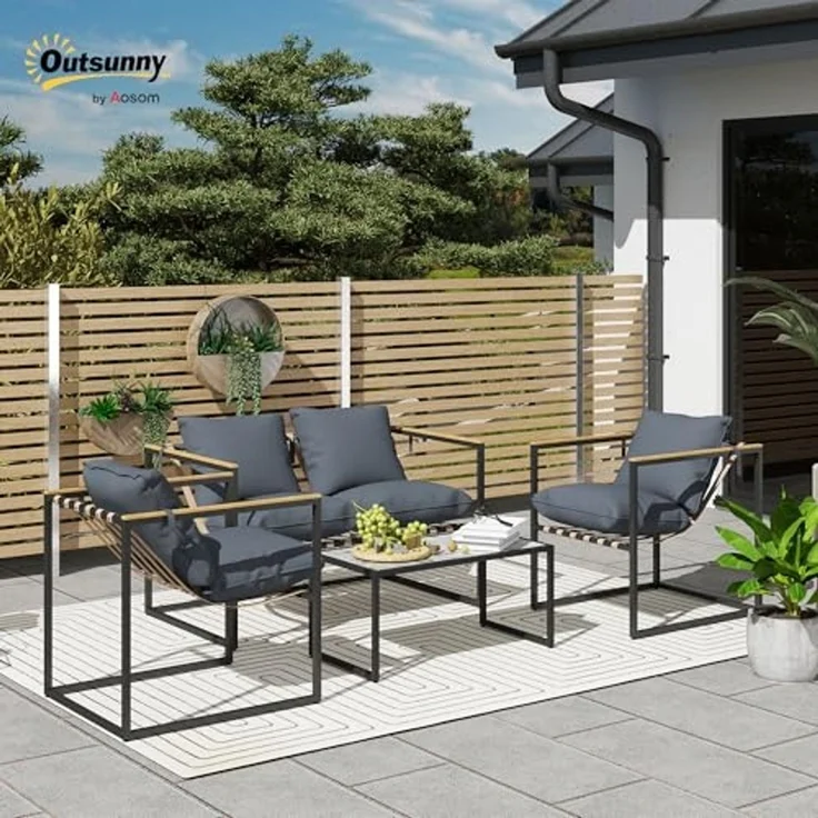Outsunny Sitzgruppe mit 2er Sofa, 2 Sessel, Sitzkissen, Beistelltisch, Outdoor, (Stahl Gartenmöbel Set, 4-tlg, wetterfest Balkonmöbel-Set), für Garten Terrasse Balkon Grau – Bild 2
