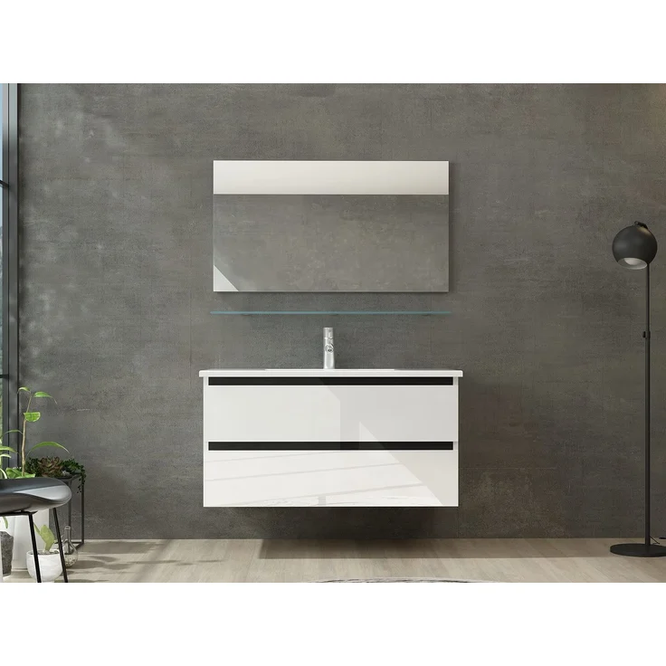 Homeline Badmöbel Set mit Schubladen Glas ablage (Dennis Weiss, 90 cm ohne Hochschrank) – Bild 2