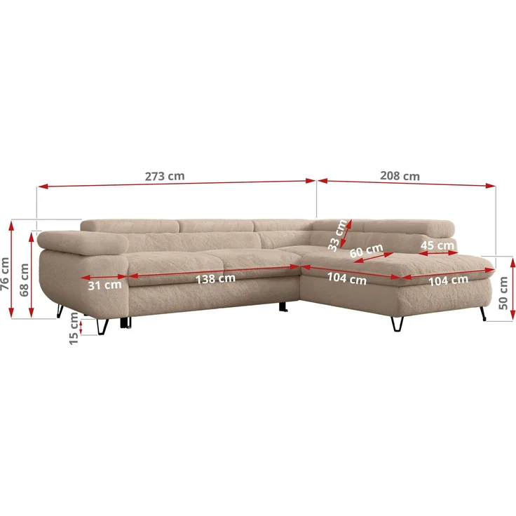 Ecksofa mit Bettfunktion, Modern Sofa, L-form, Einstellbare Kopfstützen, Bettkasten - PETER - Beige Plüsch - Topper T25 - rechts – Bild 7