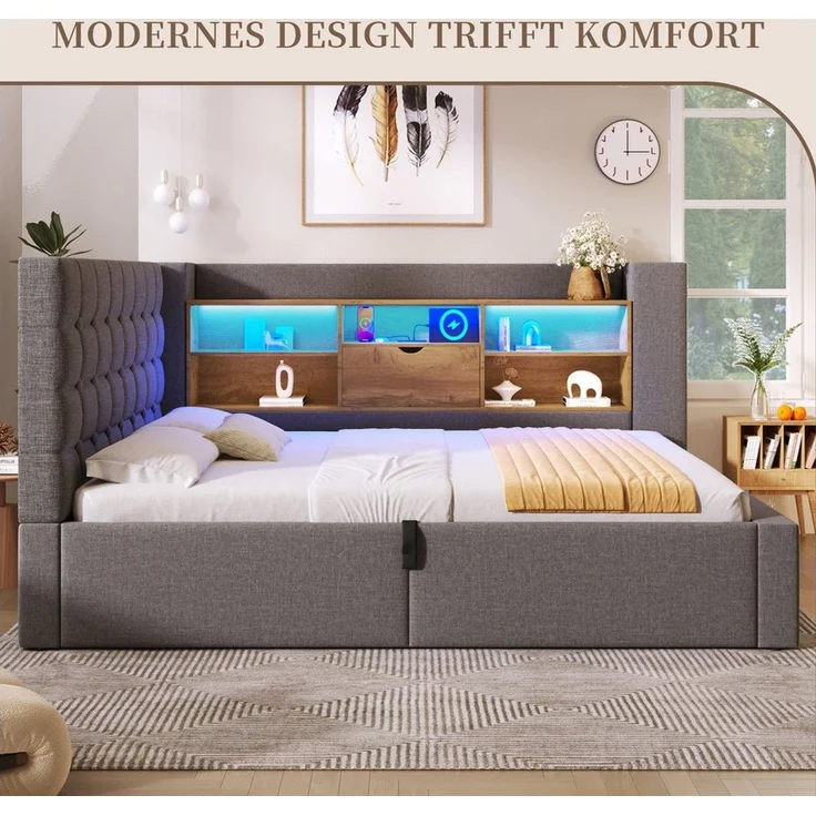 SeedWave Daybett Leinen-Polsterbett mit Stauraum, Lichtleiste&Ladefunktion 90/140×200cm, Tagesbett mit Hydraulik, Schutzgeländer beiderseits montierbar – Bild 2
