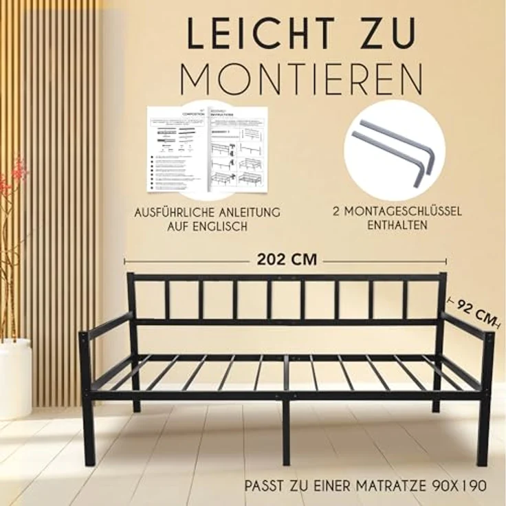 Tagesbett Metallbett 2-1 - Bettsofa 92x192 cm - Bettgestell für Matratzen 90x190 cm - Schlafsofa mit Lattenrost - Bett Bed Frame - Einzellbett - Metall Schwarz – Bild 3