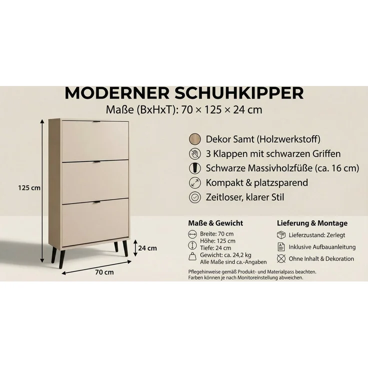 Newroom Schuhschrank Beige 70 cm Schuhkipper schmal mit 3 Klappen für Flur und Diele – Bild 4