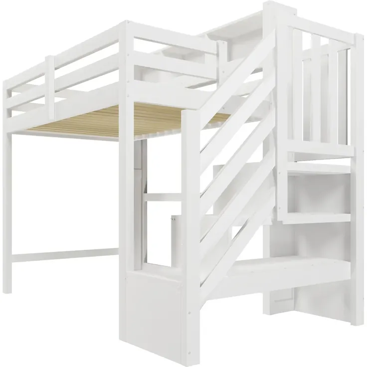 Hochbett mit RGB LED-Streifen, Stauraum, Lattenrost, Rausfallschutz und Regal, Treppe mit Regal, 90x200 cm, Kinderbett, Einzelbett, Kiefer – Bild 9