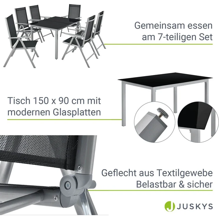 Juskys Aluminium Gartengarnitur Milano Gartenmöbel Set mit Tisch und 6 Stühlen Silber-Grau mit schwarzer Kunstfaser Alu Sitzgruppe Balkonmöbel – Bild 3