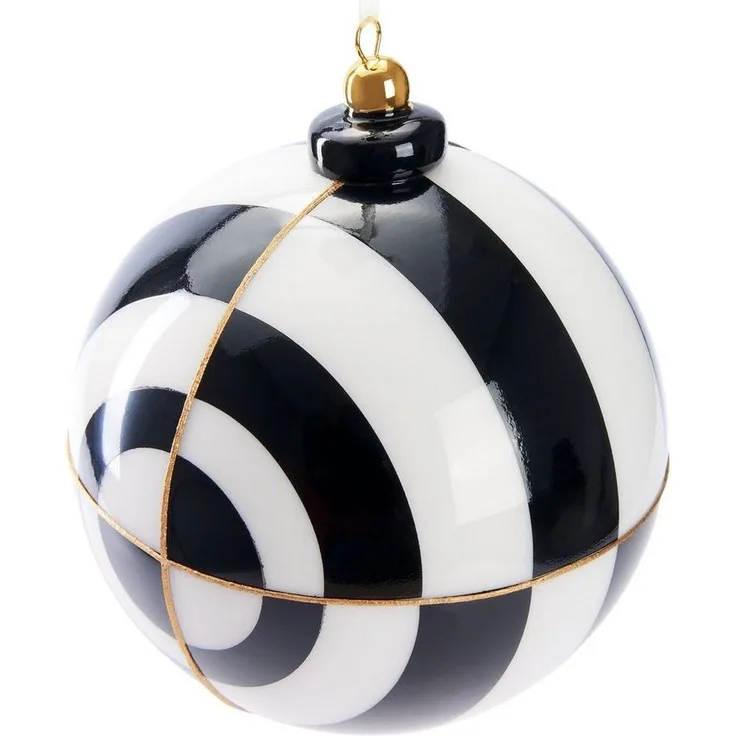 BRUBAKER Weihnachtsbaumkugel Premium Weihnachtskugel mit Kreis Muster - Gold, Schwarz und Weiß (1 St), 10 cm Glas Baumkugel mit Porzellan Topper - Handarbeit Christbaumkugel