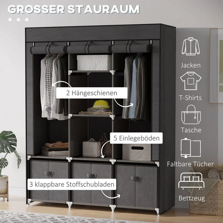 HOMCOM Stoffschrank Kleiderschrank mit Kleiderstangen und Schubladen (Faltbare Garderobe, 1-St, Faltschrank) Dunkelgrau, 125 x 43 x 162,5 cm – Bild 4