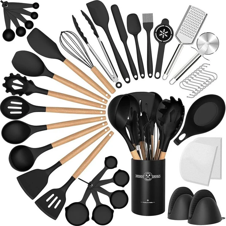 Rhein Beleuchtung Kochbesteck-Set Schwarzer Holzgriff Silikon Küchenutensilien Set 43 Teile (43-tlg, kochlöffel set, küchenhelfer, küchenutensilien), Lebensmittelechtes Silikon, Holzgriff für einfache Lagerung – Bild 5