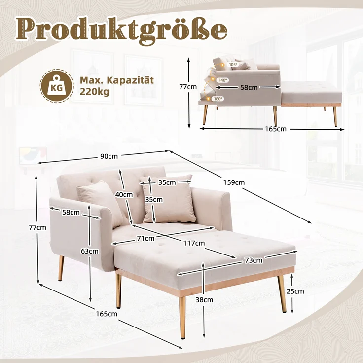 LVHOM Klappsofa mit Schlaffunktion, Schlafsofa Samtbezug mit goldenen Metallbeine, Klappbett Bettsofa Bettcouch, Chaiselounge, Beige – Bild 5