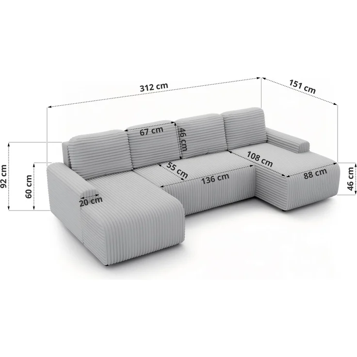 Modernes Familiensofa NESSARO U, Wohnlandschaft U-Form mit Schlaffunktion und Bettkasten, DL-System, lose Kissen, Rückenkissen, Bonellfederkern - Grau Cord – Bild 7