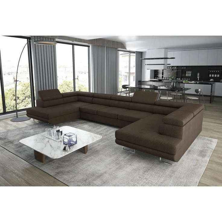 thematys Ecksofa Aston U 403 x 203 cm, mit Schlaffunktion, mit Bettkasten, mit verstellbaren Kopfstützen, Braun (Poso 06), Ausrichtung 390 cm – Bild 3