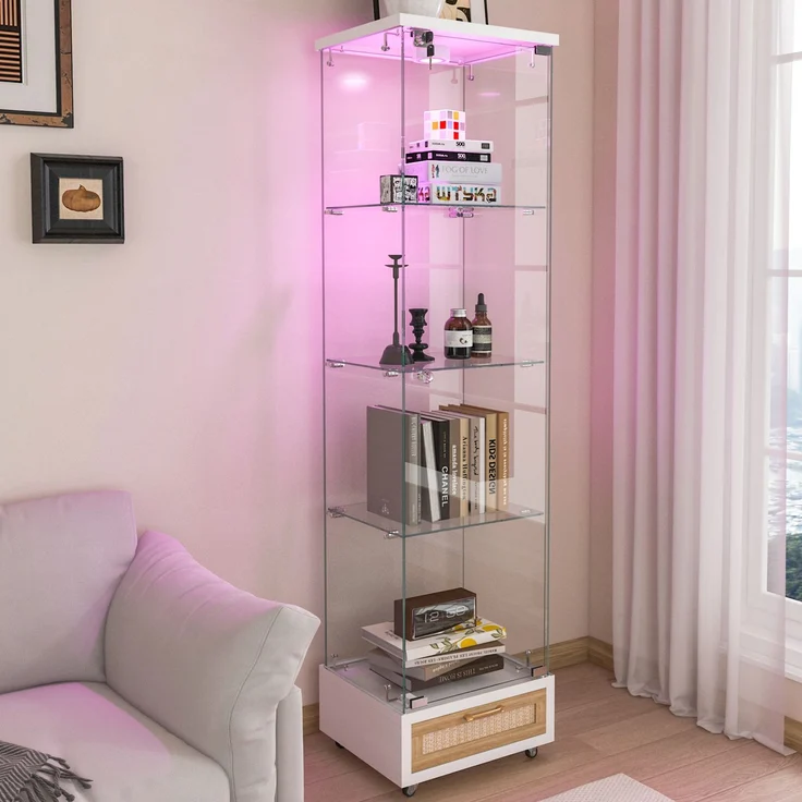 Vitrine 42,5 x 36,5 x 167 cm aus MDF und gehärtetem Glas, mit Schubladen und LED-Beleuchtung – Bild 3