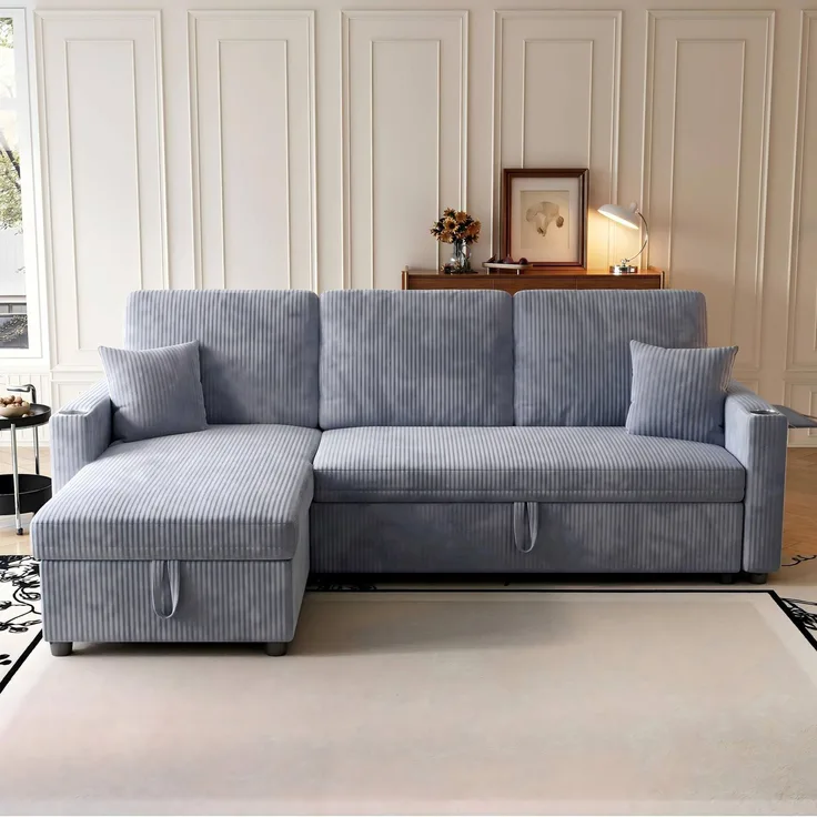 Schlafsofa aus Cord mit Ausziehfunktion, Stauraum und USB-Anschluss, 207,5x142x84,5 cm, Grau