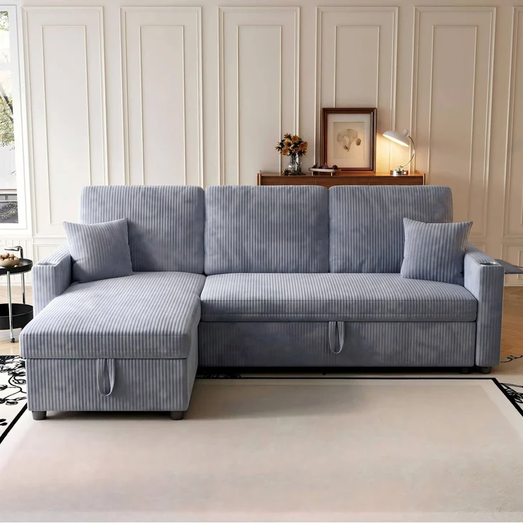 Schlafsofa aus Cord mit Ausziehfunktion, Stauraum und USB-Anschluss, 207,5x142x84,5 cm, Grau – Bild 1