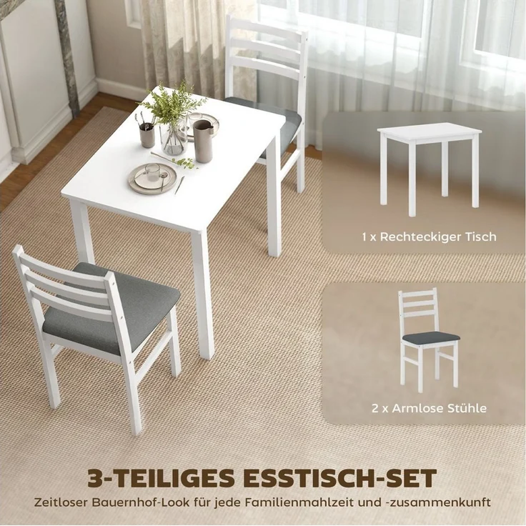 HOMCOM Essgruppe Esstisch mit 2 Stühlen Platzsparend Esszimmergruppe, (Sitzgruppe, 3-tlg, Küchentisch mit gepolsterten Essstühlen), für kleine Raum, Esszimmer, Küche, Weiß – Bild 3