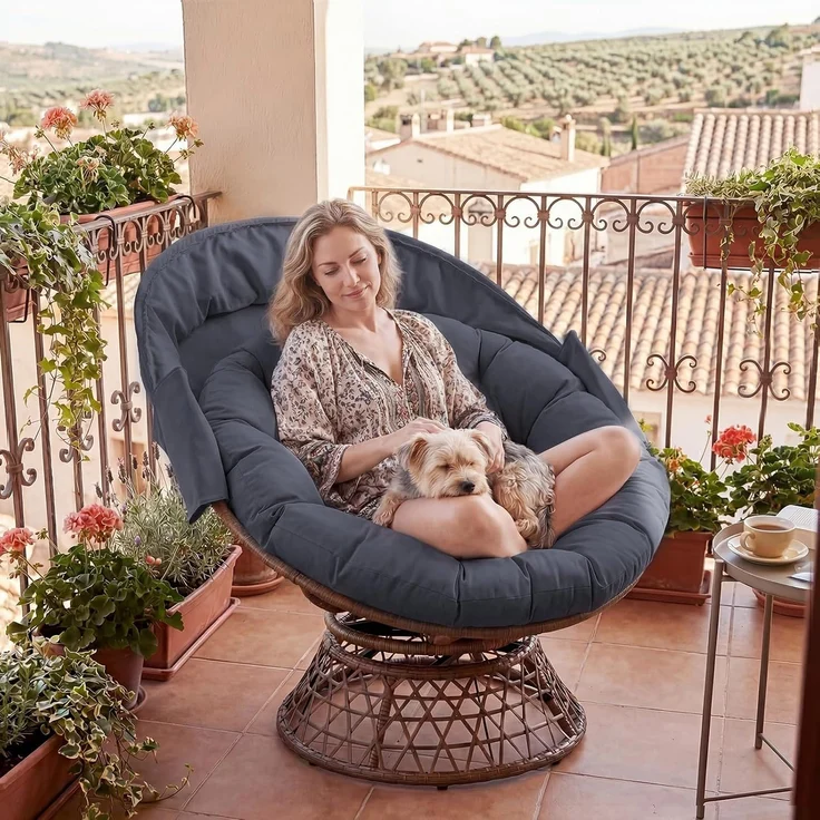 COMHOMA Papasansessel, gemütlicher Drehsessel mit Kissen rund, bequemer Rattansessel, Loungesessel drehbar, runder Relax Korbsessel Rattan für Wohnzimmer, Leseecke, Lounge - grau – Bild 2