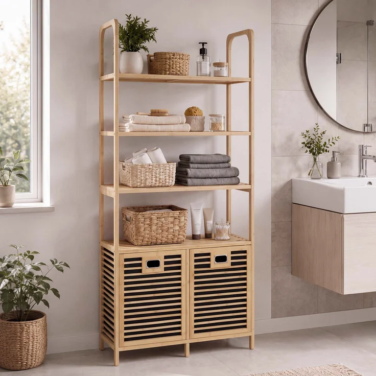 Bambus-Badezimmerschrank HWC-N83, Regal Badschrank, 2 Wäschekörbe 4 Regalböden MVG 168x81x33cm ~ natur, Korb anthrazit – Bild 1