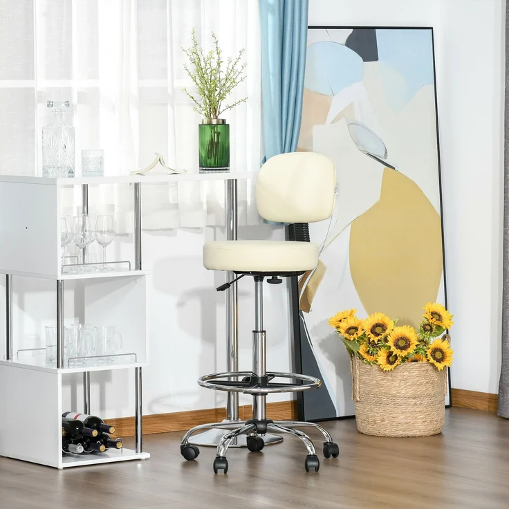 Drehbarer Barhocker Arbeitshocker mit Lehne höhenverstellbar PU Bezug Beige 56x57x104-127cm für Küche und Bar--Beige--56x57x104cm--YOUDENOVA – Bild 2