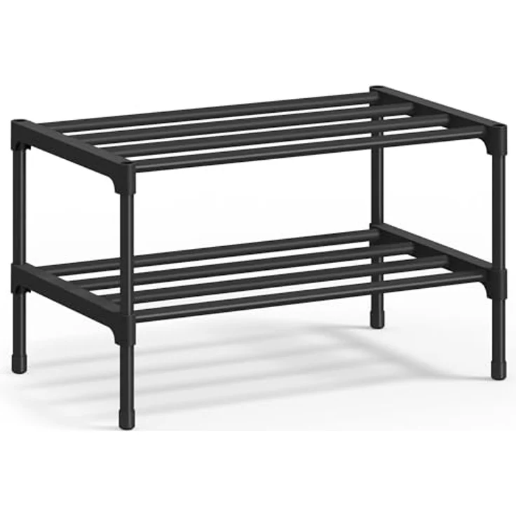 SONGMICS Schuhregal, 2 Ebenen, Schuhablage schmal, Schuh-Organizer Metall, Flur, Wohnzimmer, Kleiderschrank, platzsparend, stapelbar, 30 x 45 x 31 cm, schwarz LSA112BH01 – Bild 1